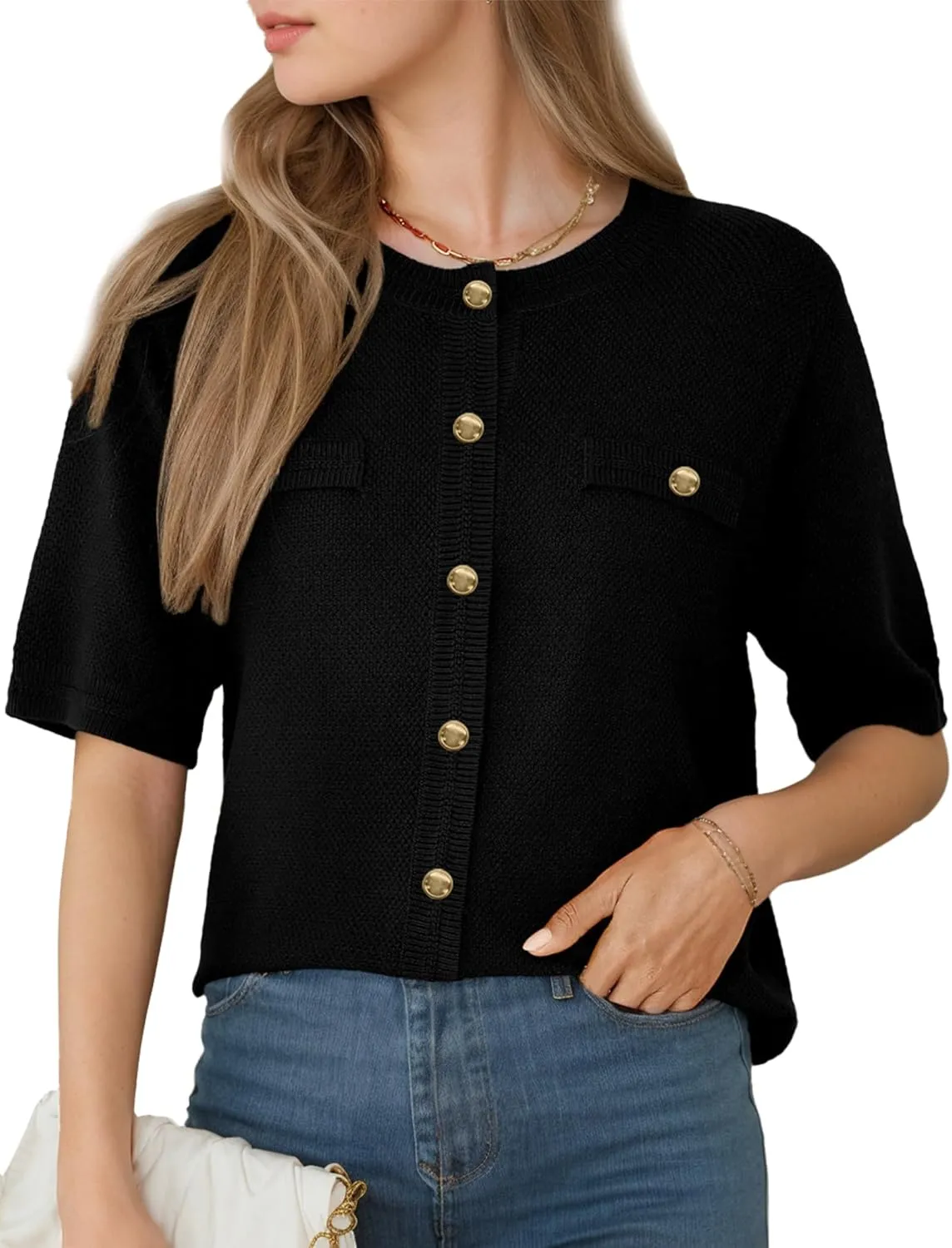 Women's Summer Button Down Shirts Casual Short Sleeve Crew Neck Ribbed Knit Blouse Open Front Work Cardigans