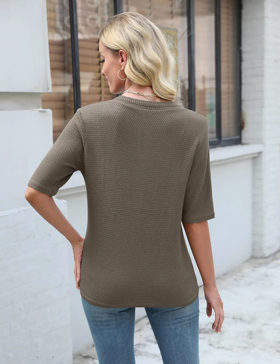 Women's Summer Button Down Shirts Casual Short Sleeve Crew Neck Ribbed Knit Blouse Open Front Work Cardigans