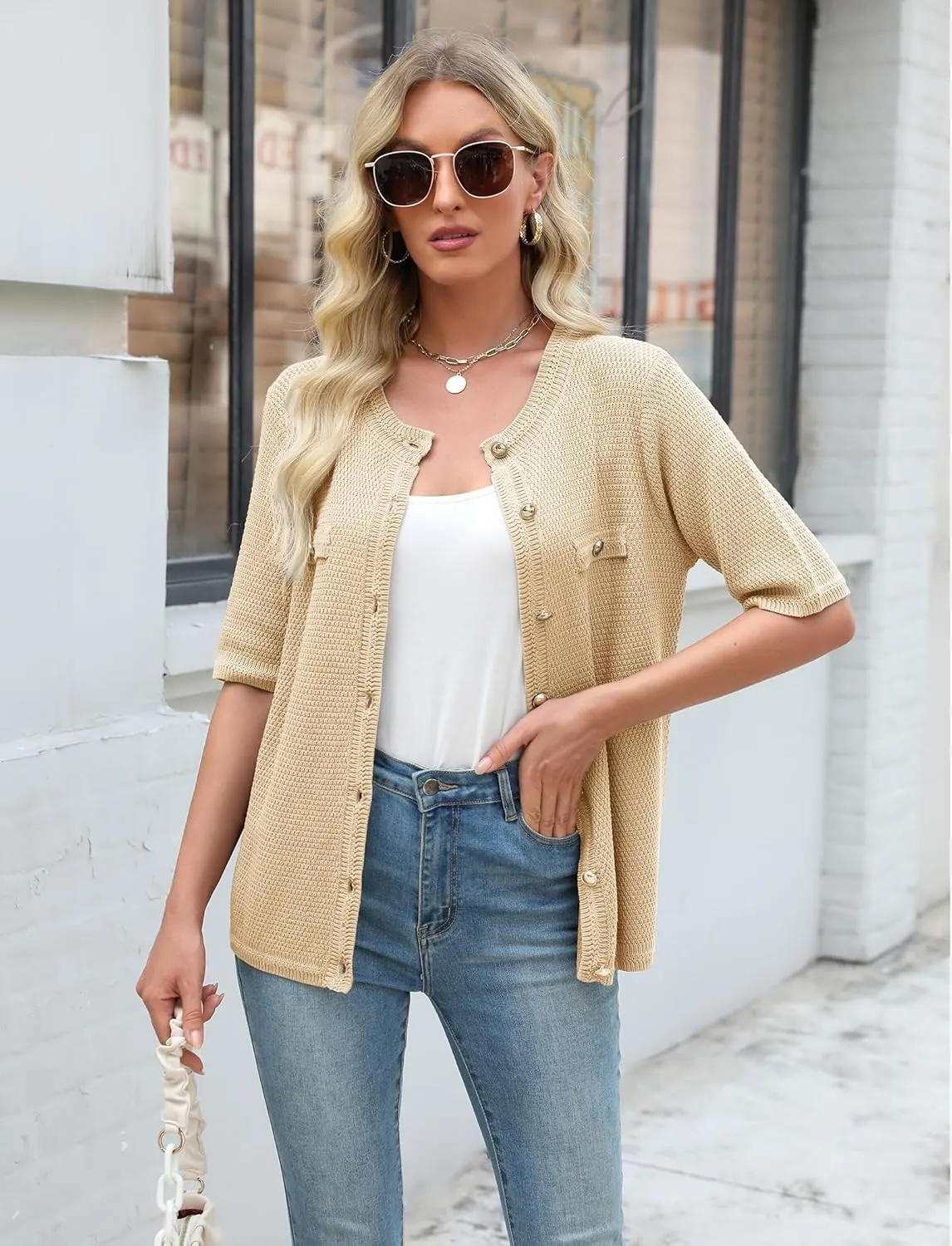 Women's Summer Button Down Shirts Casual Short Sleeve Crew Neck Ribbed Knit Blouse Open Front Work Cardigans
