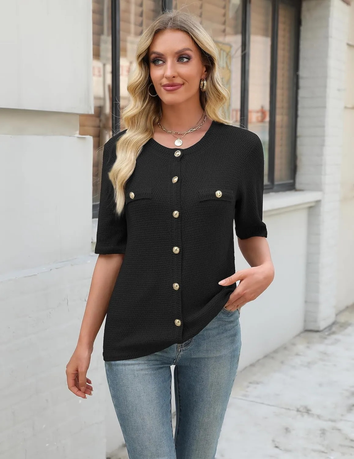 Women's Summer Button Down Shirts Casual Short Sleeve Crew Neck Ribbed Knit Blouse Open Front Work Cardigans