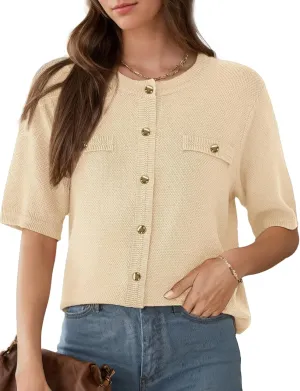 Women's Summer Button Down Shirts Casual Short Sleeve Crew Neck Ribbed Knit Blouse Open Front Work Cardigans