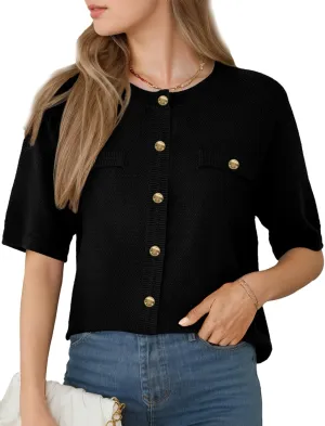 Women's Summer Button Down Shirts Casual Short Sleeve Crew Neck Ribbed Knit Blouse Open Front Work Cardigans
