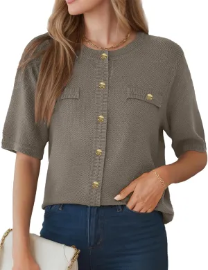 Women's Summer Button Down Shirts Casual Short Sleeve Crew Neck Ribbed Knit Blouse Open Front Work Cardigans
