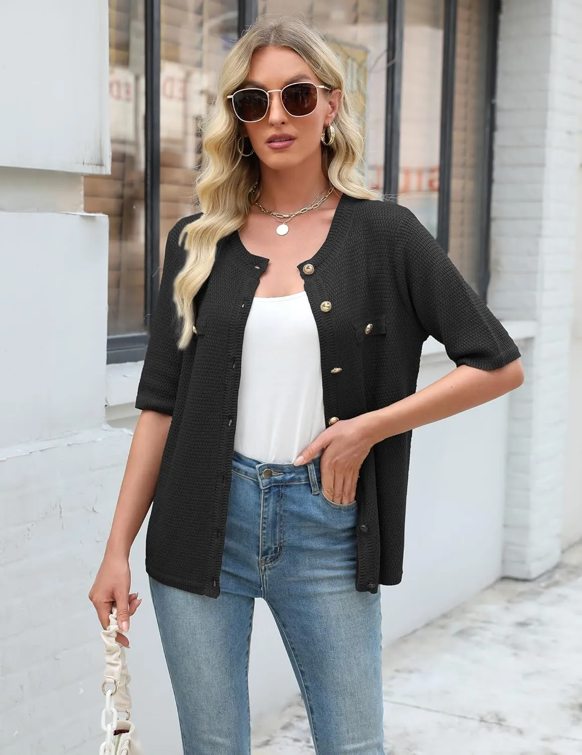 Women's Summer Button Down Shirts Casual Short Sleeve Crew Neck Ribbed Knit Blouse Open Front Work Cardigans