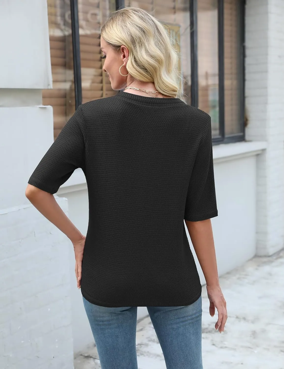 Women's Summer Button Down Shirts Casual Short Sleeve Crew Neck Ribbed Knit Blouse Open Front Work Cardigans