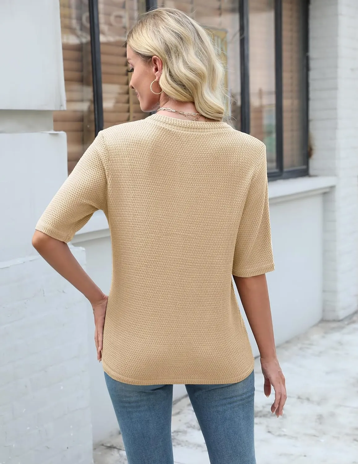Women's Summer Button Down Shirts Casual Short Sleeve Crew Neck Ribbed Knit Blouse Open Front Work Cardigans