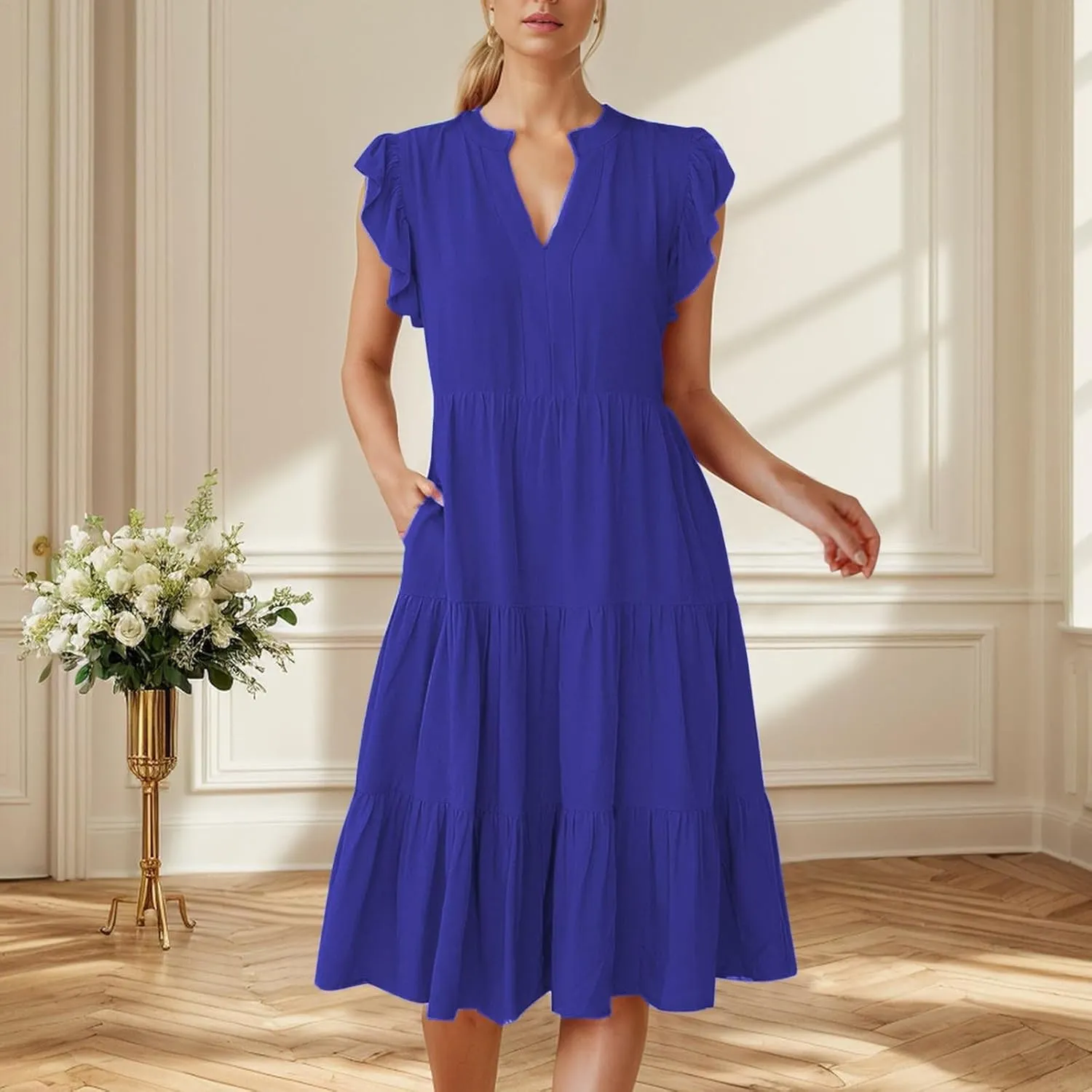 Womens Summer Dress Ruffle Sleeve V Neck Midi Dresses Casual Fit Flowy Tiered Boho Beach Vacation Sundress