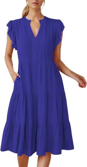 Womens Summer Dress Ruffle Sleeve V Neck Midi Dresses Casual Fit Flowy Tiered Boho Beach Vacation Sundress