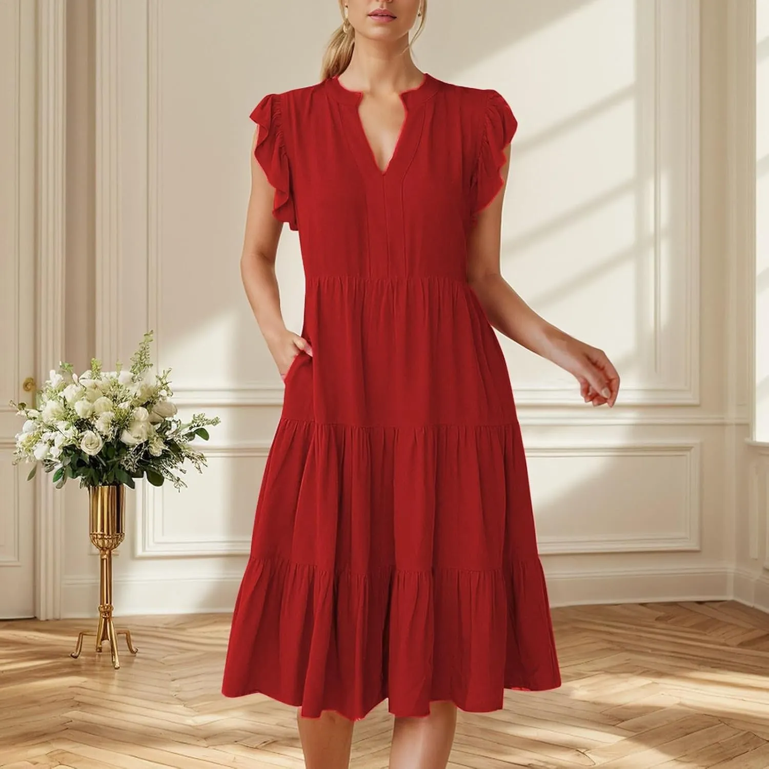 Womens Summer Dress Ruffle Sleeve V Neck Midi Dresses Casual Fit Flowy Tiered Boho Beach Vacation Sundress