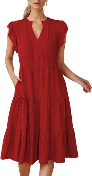 Womens Summer Dress Ruffle Sleeve V Neck Midi Dresses Casual Fit Flowy Tiered Boho Beach Vacation Sundress