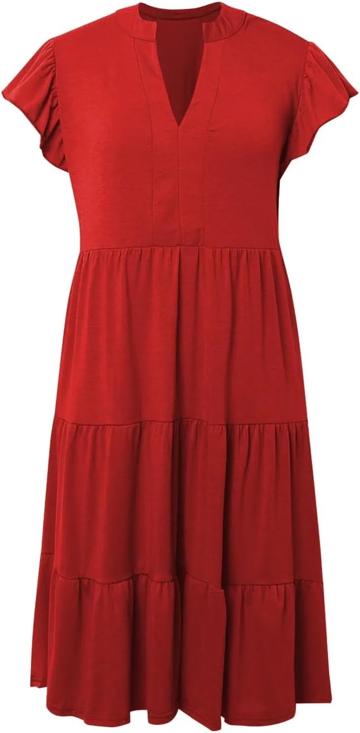 Womens Summer Dress Ruffle Sleeve V Neck Midi Dresses Casual Fit Flowy Tiered Boho Beach Vacation Sundress