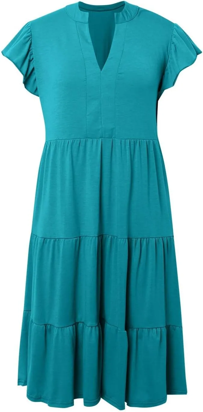 Womens Summer Dress Ruffle Sleeve V Neck Midi Dresses Casual Fit Flowy Tiered Boho Beach Vacation Sundress