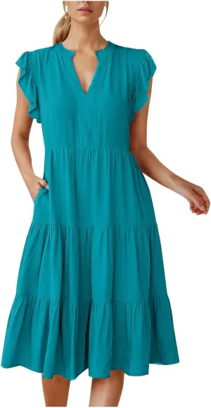 Womens Summer Dress Ruffle Sleeve V Neck Midi Dresses Casual Fit Flowy Tiered Boho Beach Vacation Sundress