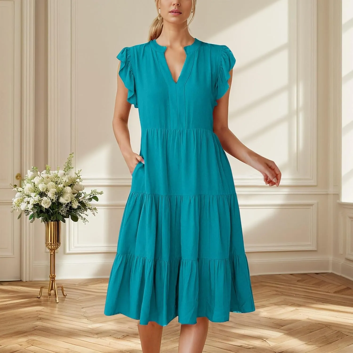 Womens Summer Dress Ruffle Sleeve V Neck Midi Dresses Casual Fit Flowy Tiered Boho Beach Vacation Sundress