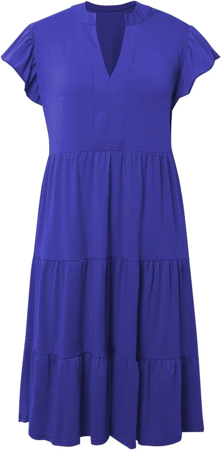 Womens Summer Dress Ruffle Sleeve V Neck Midi Dresses Casual Fit Flowy Tiered Boho Beach Vacation Sundress
