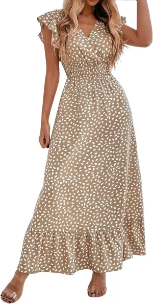 Womens Summer Dress Ruffle Sleeve V Neck Midi Dresses Fashion Casual Fit Flowy Tiered Boho Beach Vacation Sundress