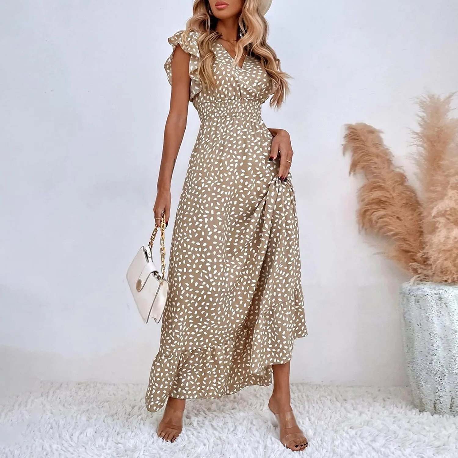 Womens Summer Dress Ruffle Sleeve V Neck Midi Dresses Fashion Casual Fit Flowy Tiered Boho Beach Vacation Sundress