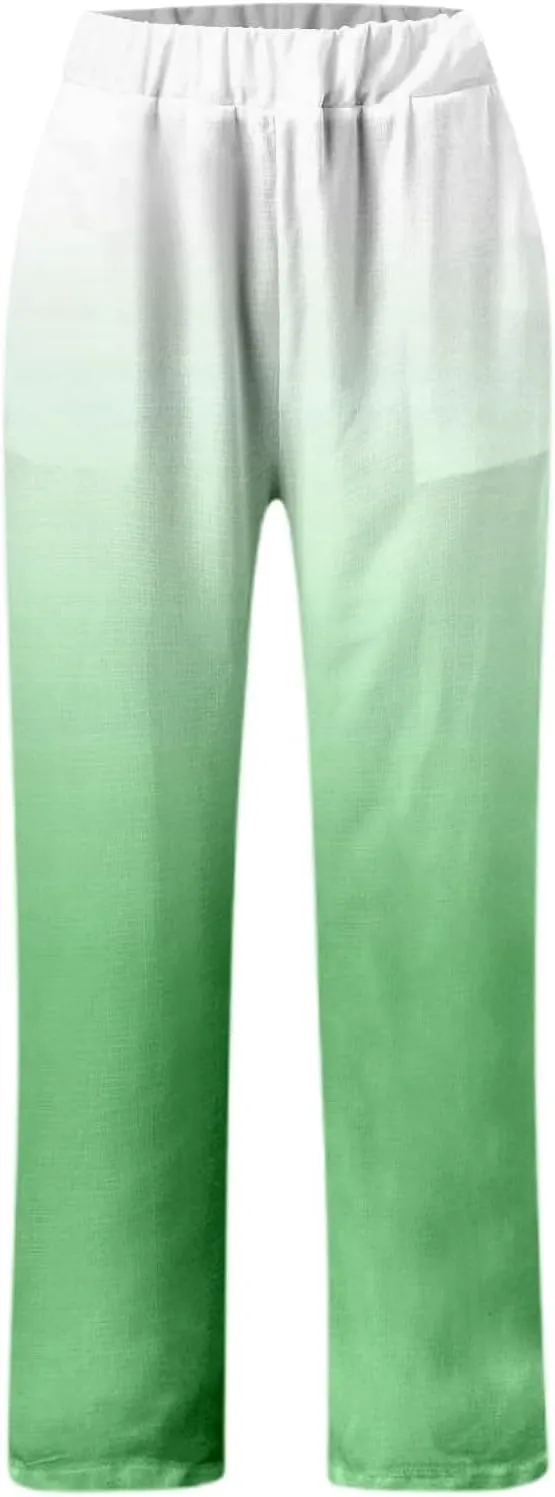 Women's Summer Trendy Casual Pants Gradient Printed Elastic Waist Straight Leg Pants Loose Streetwear Long Trousers