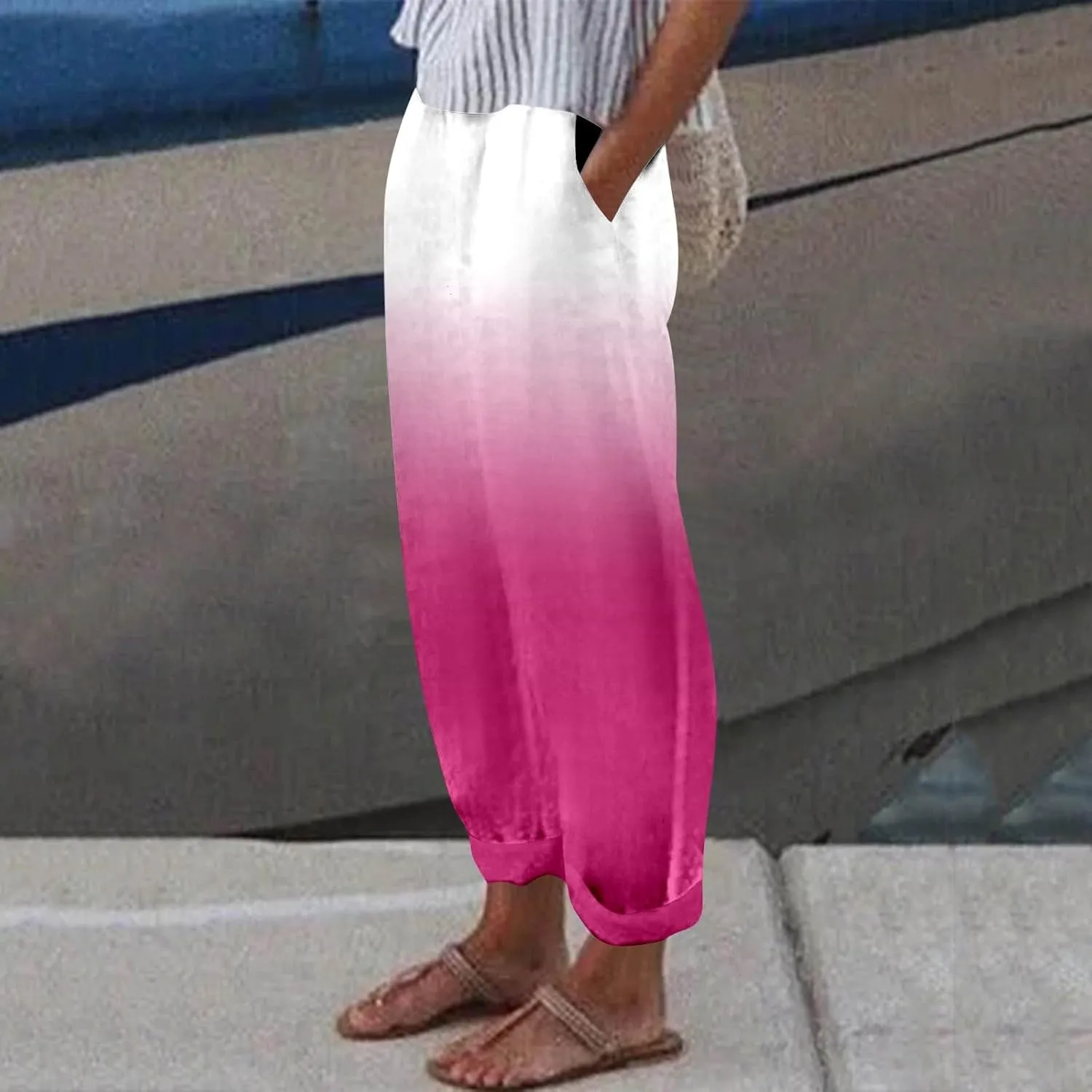 Women's Summer Trendy Casual Pants Gradient Printed Elastic Waist Straight Leg Pants Loose Streetwear Long Trousers