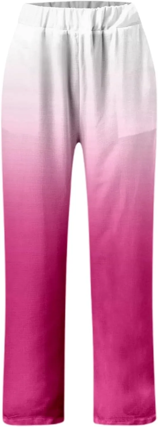 Women's Summer Trendy Casual Pants Gradient Printed Elastic Waist Straight Leg Pants Loose Streetwear Long Trousers