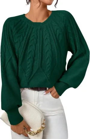 Women's Sweater for Fall Winter Casual Trendy Crew Neck Long Sleeve Loose Cable Knit Ribbed Short Sweater, S-XL