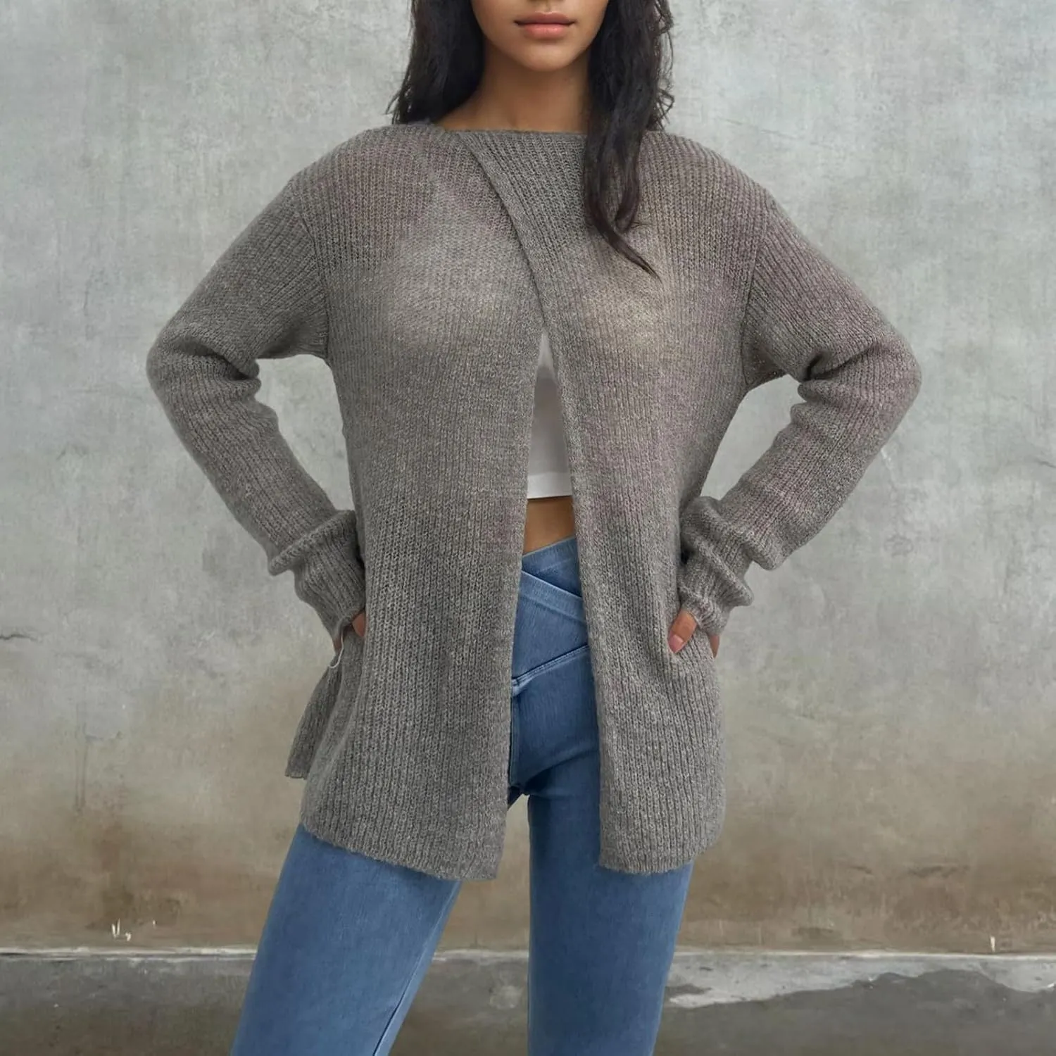 Women's Sweaters Fall Winter Casual Trendy High Neck Long Sleeve Loose Knit Split Oversized Sweater, S-4XL