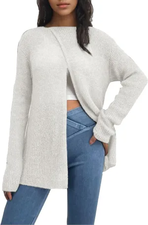 Women's Sweaters Fall Winter Casual Trendy High Neck Long Sleeve Loose Knit Split Oversized Sweater, S-4XL