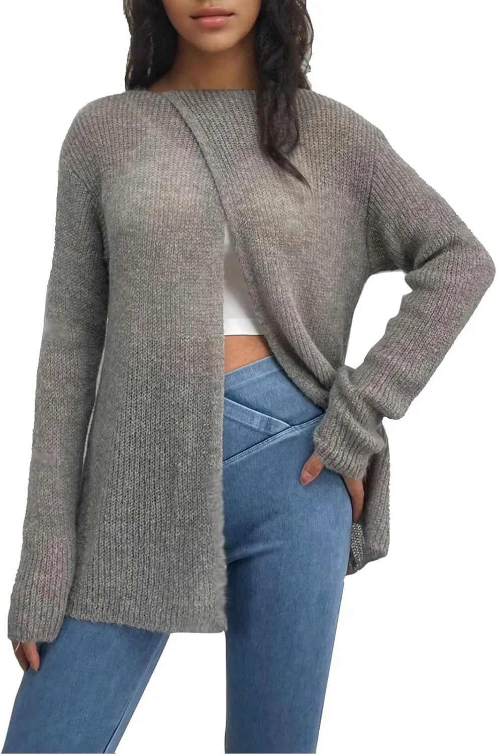 Women's Sweaters Fall Winter Casual Trendy High Neck Long Sleeve Loose Knit Split Oversized Sweater, S-4XL