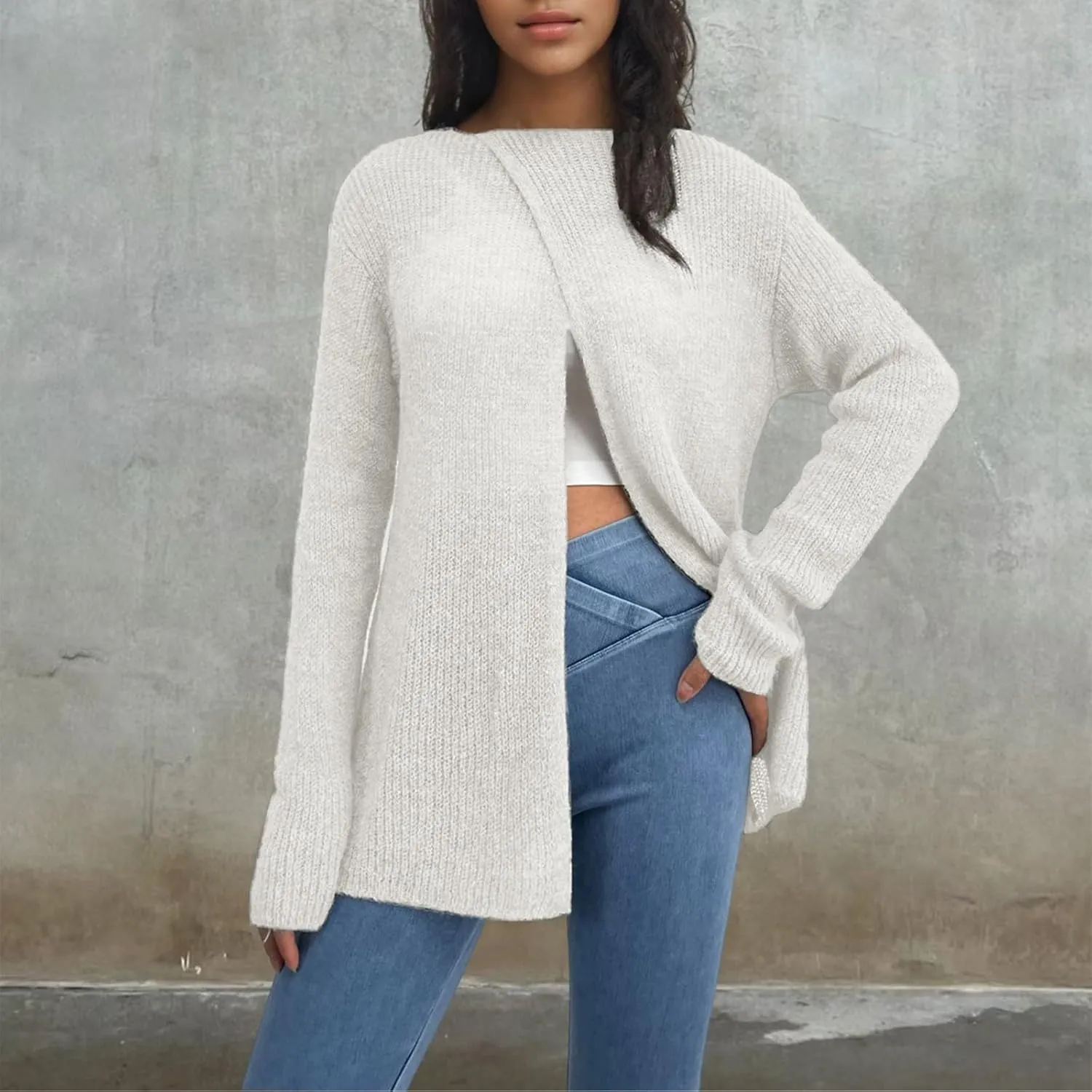 Women's Sweaters Fall Winter Casual Trendy High Neck Long Sleeve Loose Knit Split Oversized Sweater, S-4XL