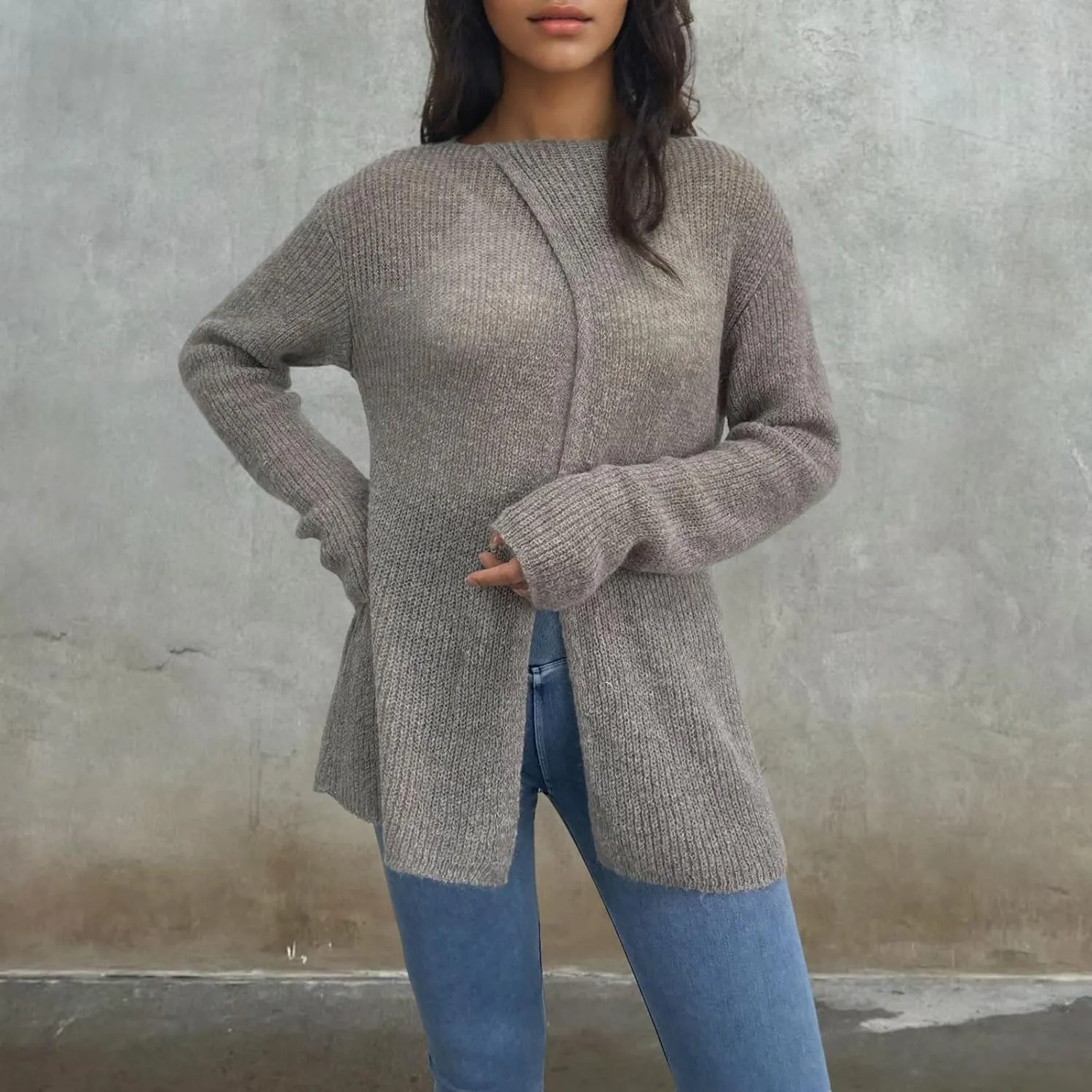 Women's Sweaters Fall Winter Casual Trendy High Neck Long Sleeve Loose Knit Split Oversized Sweater, S-4XL