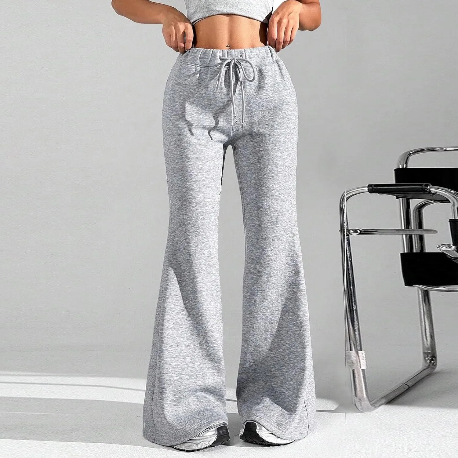 Womens Sweatpants Elastic High Waisted Fleece Lined Joggers with Pockets Baggy Wide Leg Flare Sweatpants