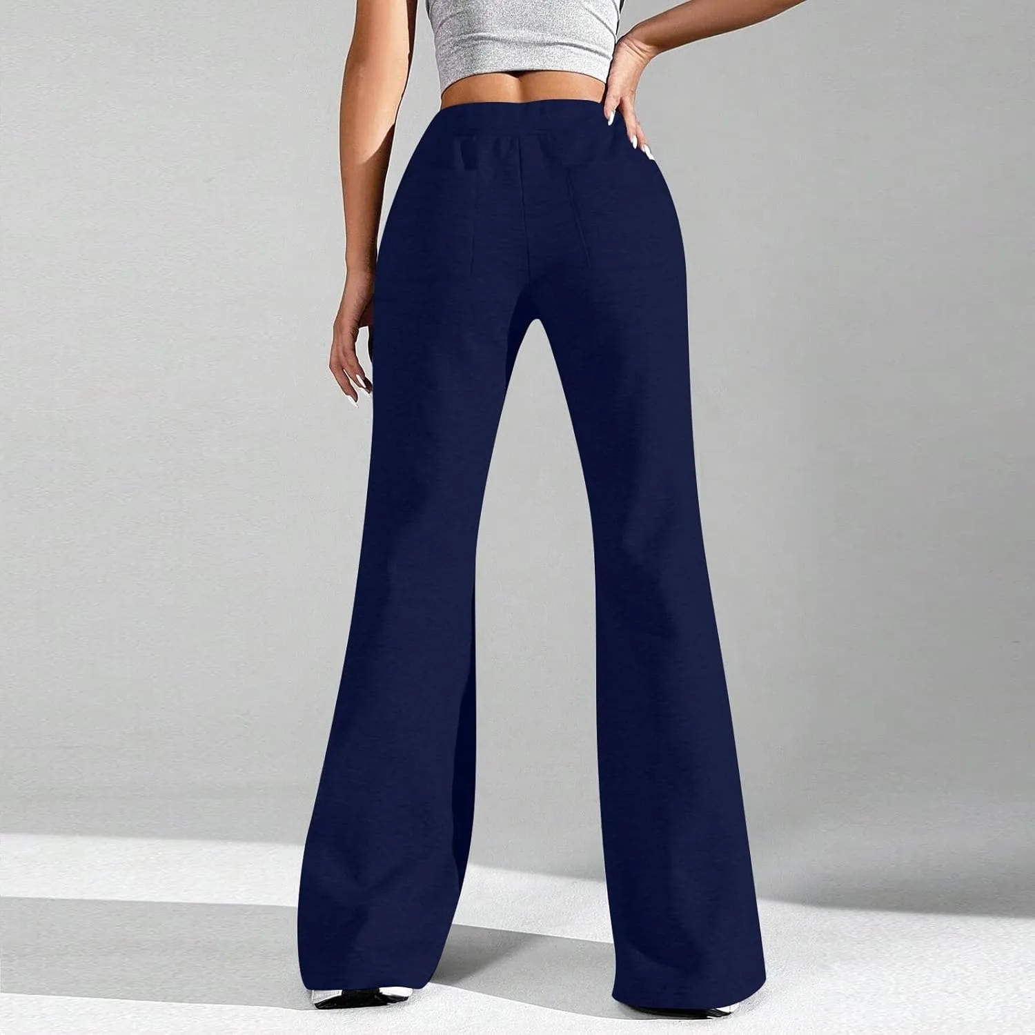 Womens Sweatpants Elastic High Waisted Fleece Lined Joggers with Pockets Baggy Wide Leg Flare Sweatpants