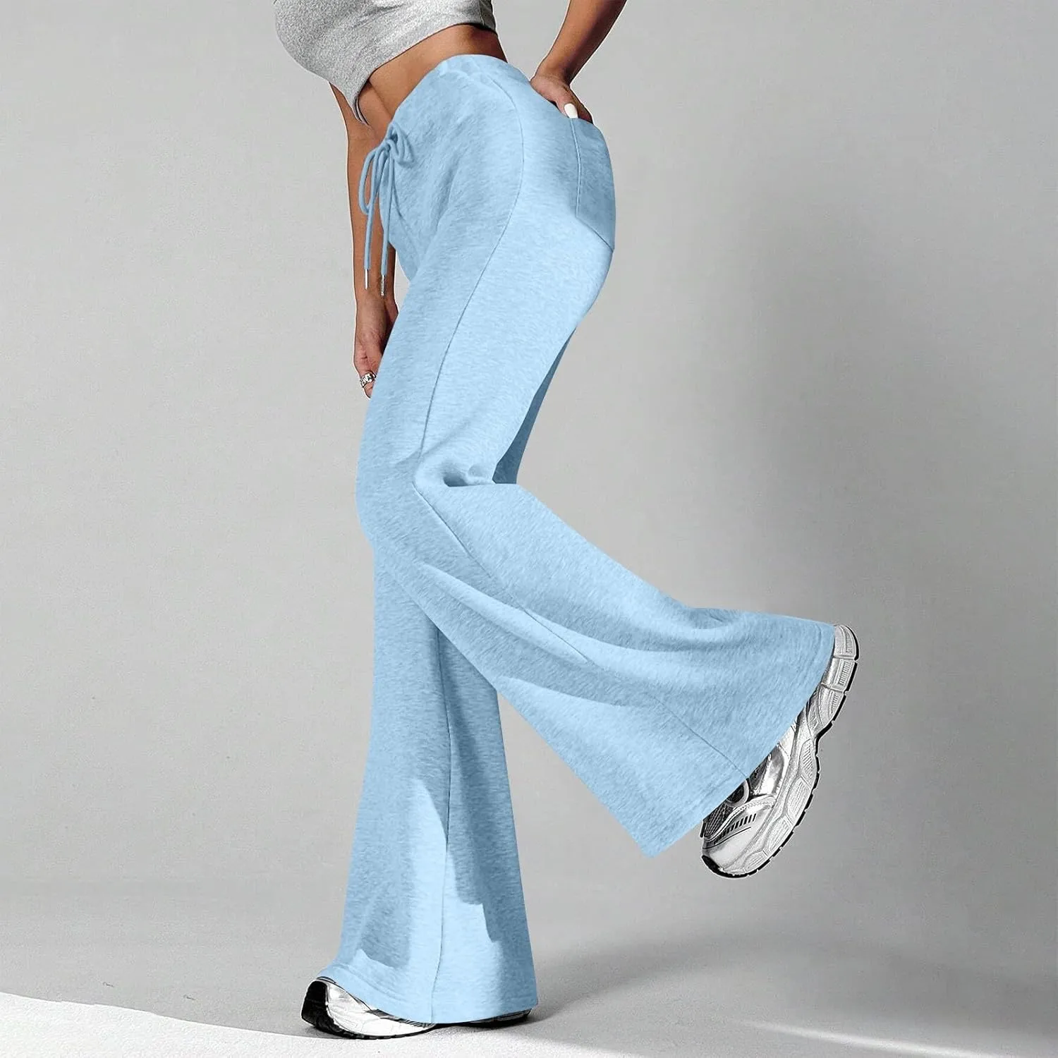 Womens Sweatpants Elastic High Waisted Fleece Lined Joggers with Pockets Baggy Wide Leg Flare Sweatpants