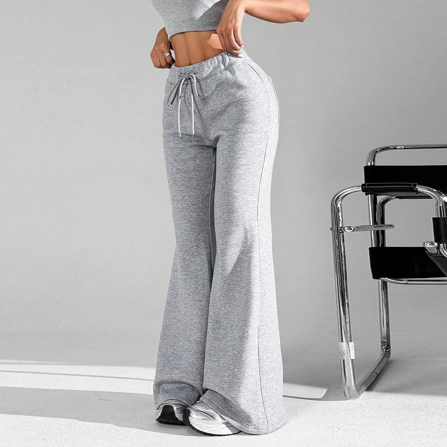 Womens Sweatpants Elastic High Waisted Fleece Lined Joggers with Pockets Baggy Wide Leg Flare Sweatpants