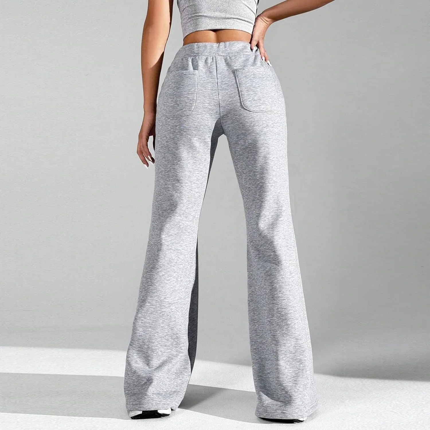 Womens Sweatpants Elastic High Waisted Fleece Lined Joggers with Pockets Baggy Wide Leg Flare Sweatpants