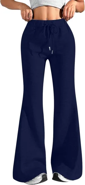 Womens Sweatpants Elastic High Waisted Fleece Lined Joggers with Pockets Baggy Wide Leg Flare Sweatpants