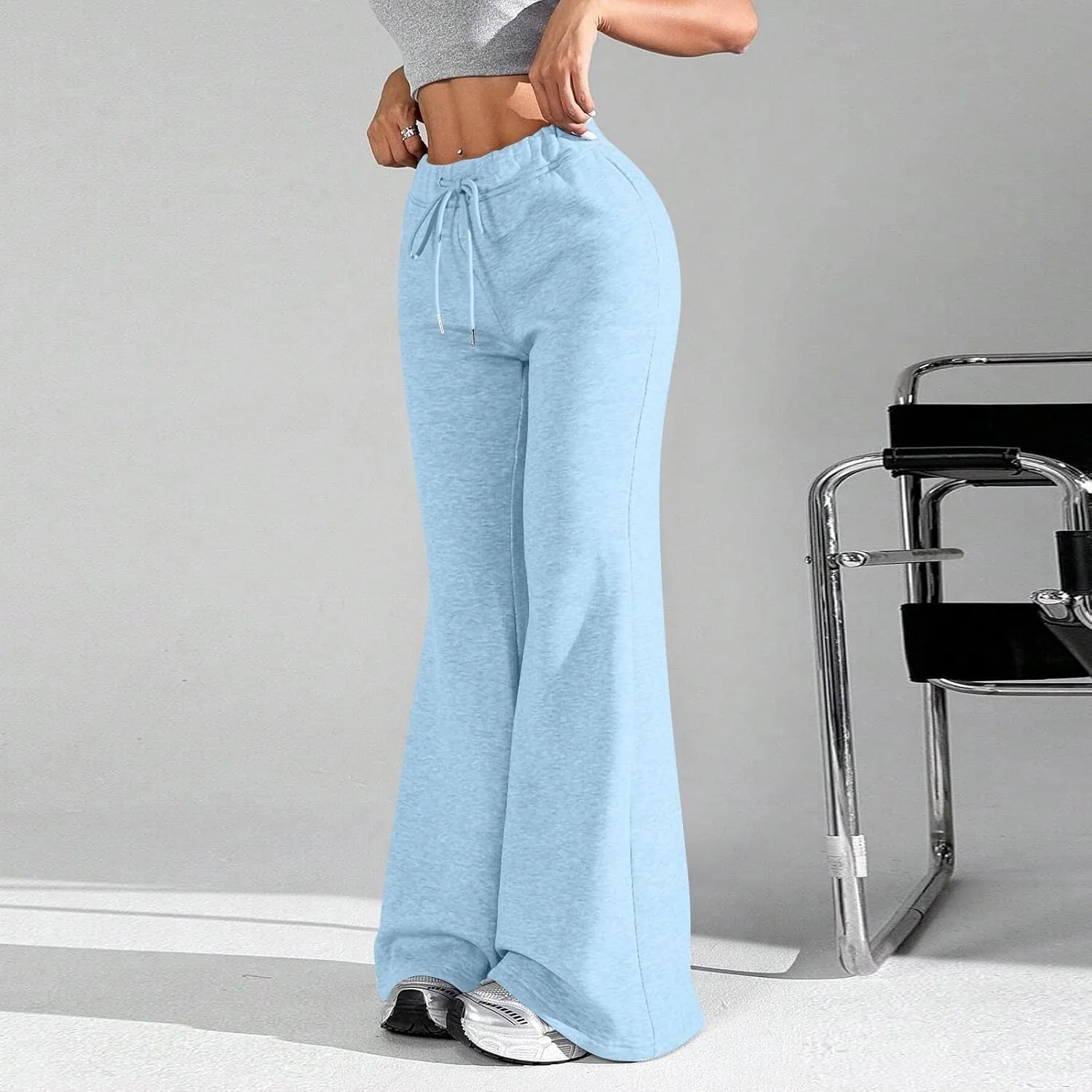 Womens Sweatpants Elastic High Waisted Fleece Lined Joggers with Pockets Baggy Wide Leg Flare Sweatpants