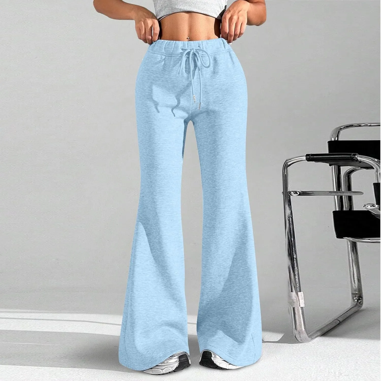 Womens Sweatpants Elastic High Waisted Fleece Lined Joggers with Pockets Baggy Wide Leg Flare Sweatpants