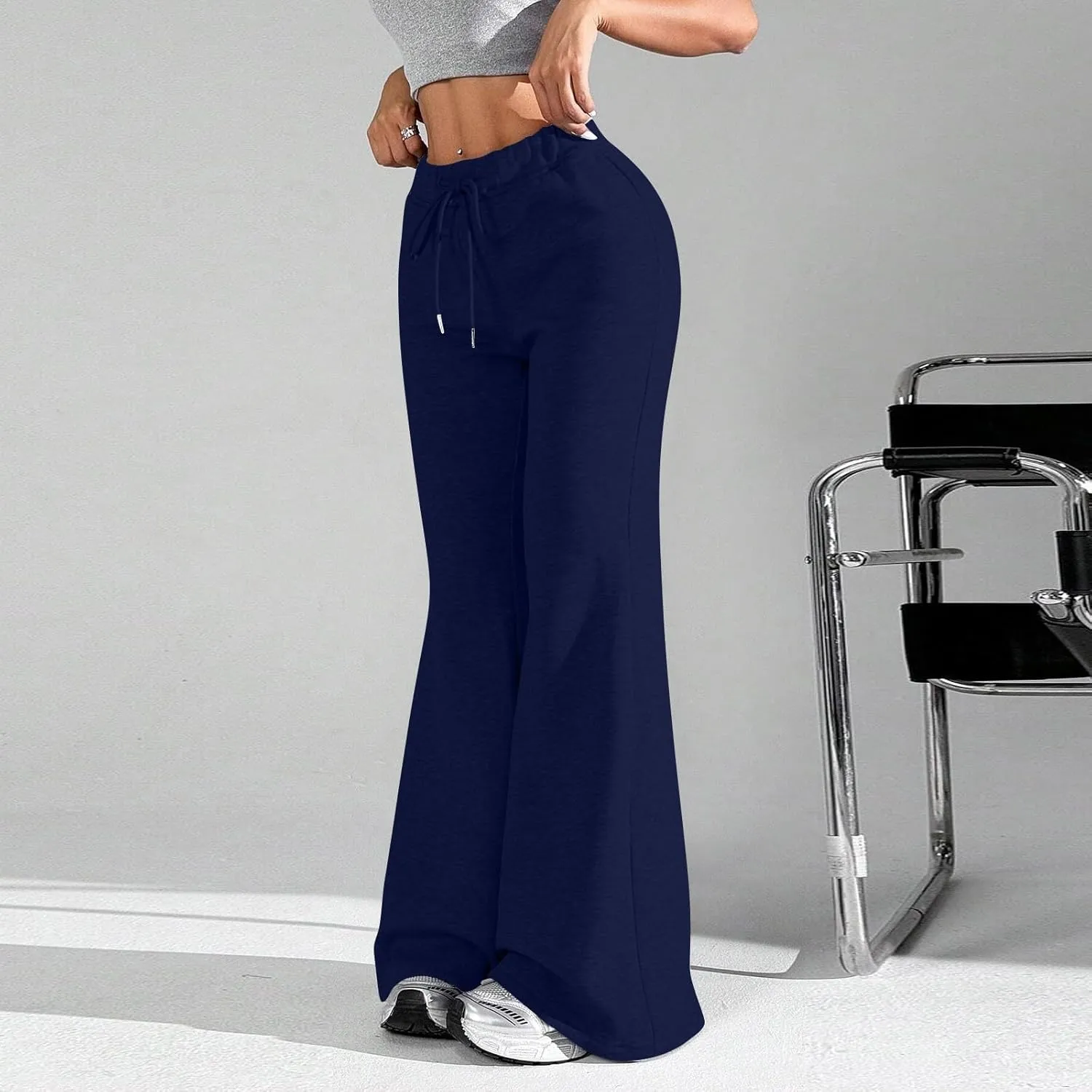 Womens Sweatpants Elastic High Waisted Fleece Lined Joggers with Pockets Baggy Wide Leg Flare Sweatpants