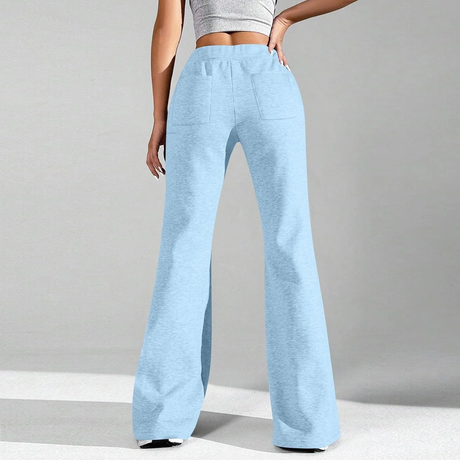 Womens Sweatpants Elastic High Waisted Fleece Lined Joggers with Pockets Baggy Wide Leg Flare Sweatpants