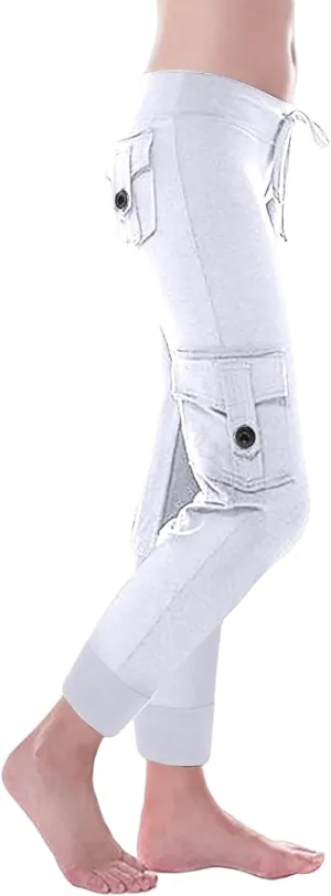 Womens Tapered Yoga Pants Butt Lifting Athletic Pant Stretch High Waisted Pants Button Up Cargo Pant with Pockets