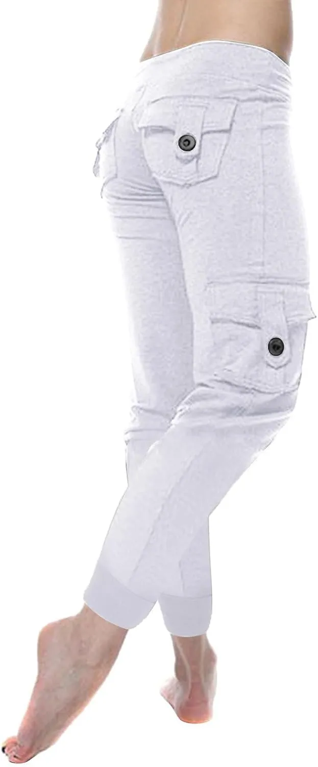 Womens Tapered Yoga Pants Butt Lifting Athletic Pant Stretch High Waisted Pants Button Up Cargo Pant with Pockets