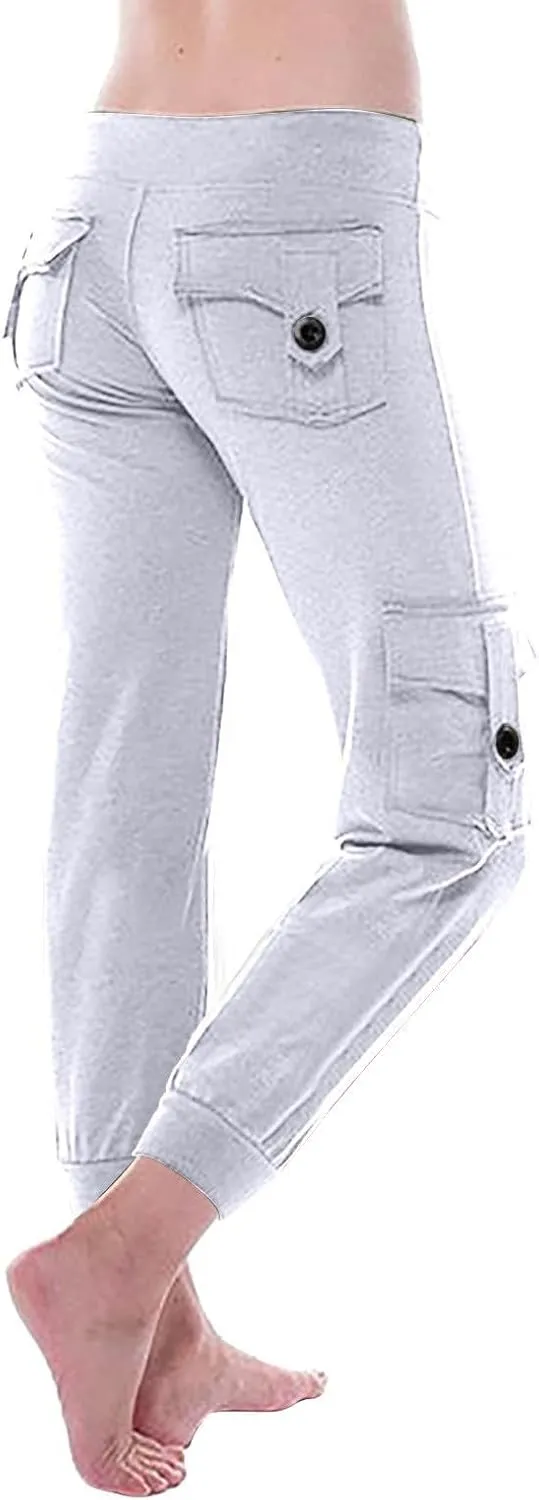 Womens Tapered Yoga Pants Butt Lifting Athletic Pant Stretch High Waisted Pants Button Up Cargo Pant with Pockets