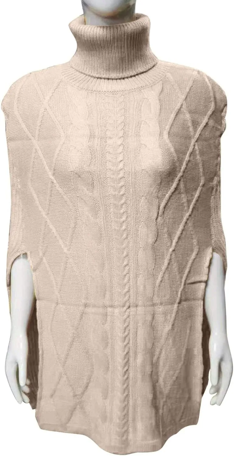 Womens Turtleneck Poncho Sweater Chunky Cable Knit Sweater Fashion Side Slit Shawl Top