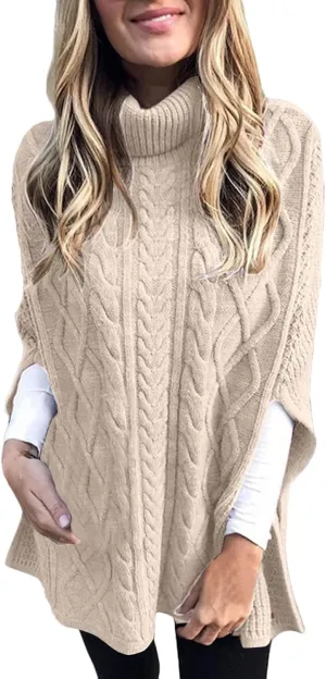 Womens Turtleneck Poncho Sweater Chunky Cable Knit Sweater Fashion Side Slit Shawl Top