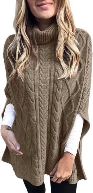 Womens Turtleneck Poncho Sweater Chunky Cable Knit Sweater Fashion Side Slit Shawl Top