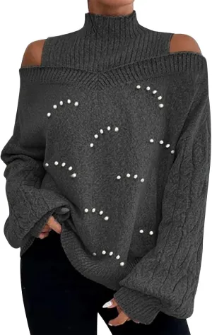 Women's Ugly Sweater Plus Size Fall Winter Casual Trendy Strapless Turtleneck Long Sleeve Sequin Sweater, S-3XL