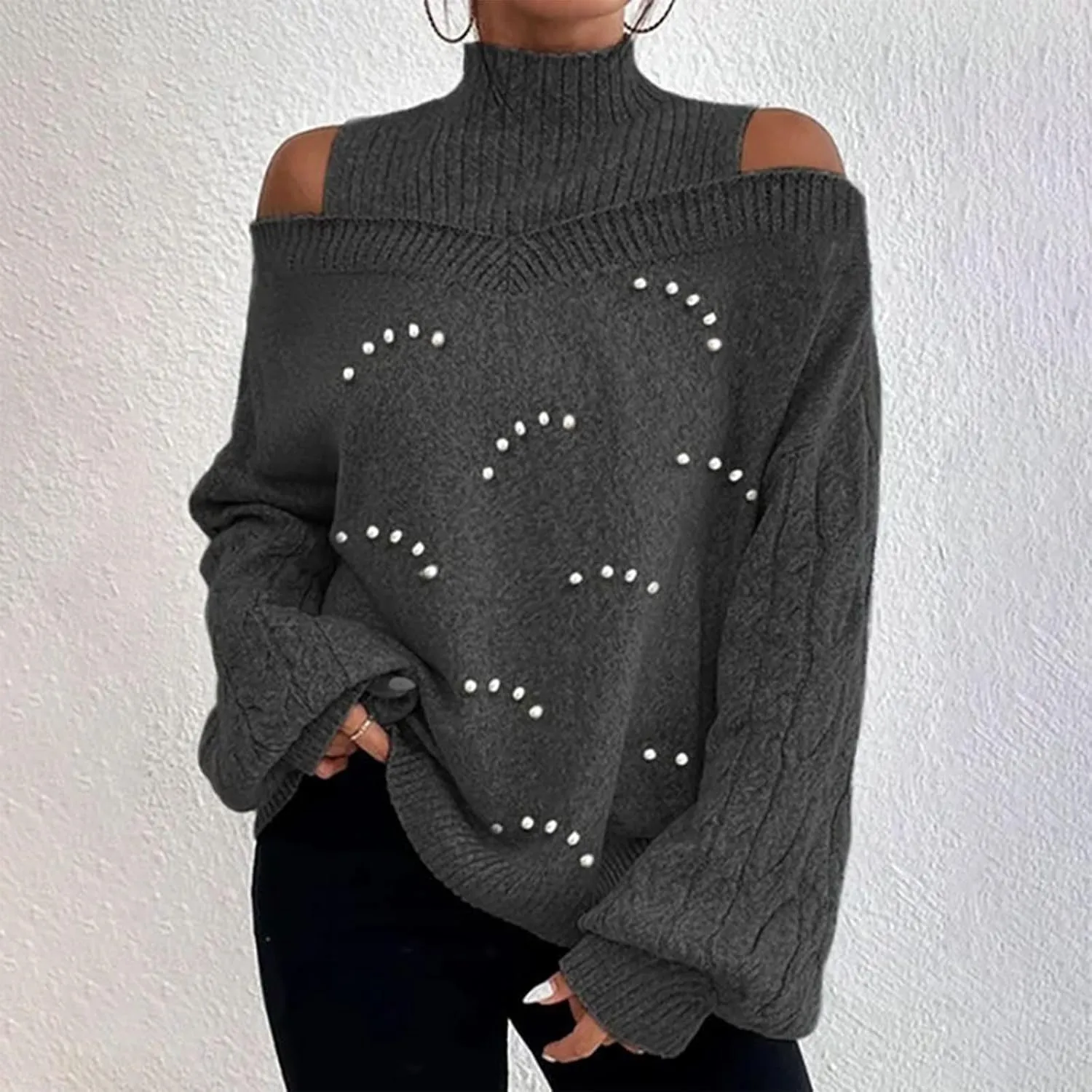 Women's Ugly Sweater Plus Size Fall Winter Casual Trendy Strapless Turtleneck Long Sleeve Sequin Sweater, S-3XL