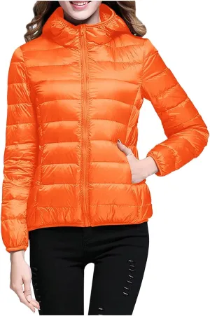 Womens Warm Lightweight Puffer Jacket 2024 Fashion Winter Coats Casual Full Zip Hooded Outwear 2024 Long Sleeve Coat