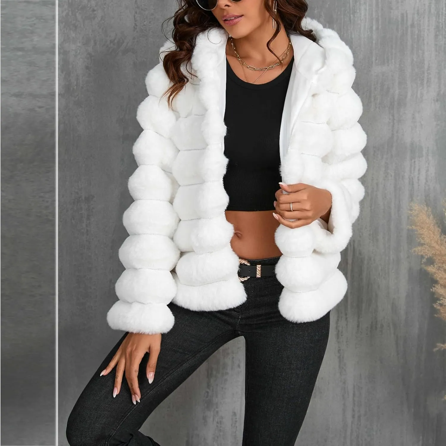 Womens Winter Faux Fur Coats Oversized Fluffy Fuzzy Fleece Jacket Plus Size Long Sleeve Thick Hoodies Outfits Tops